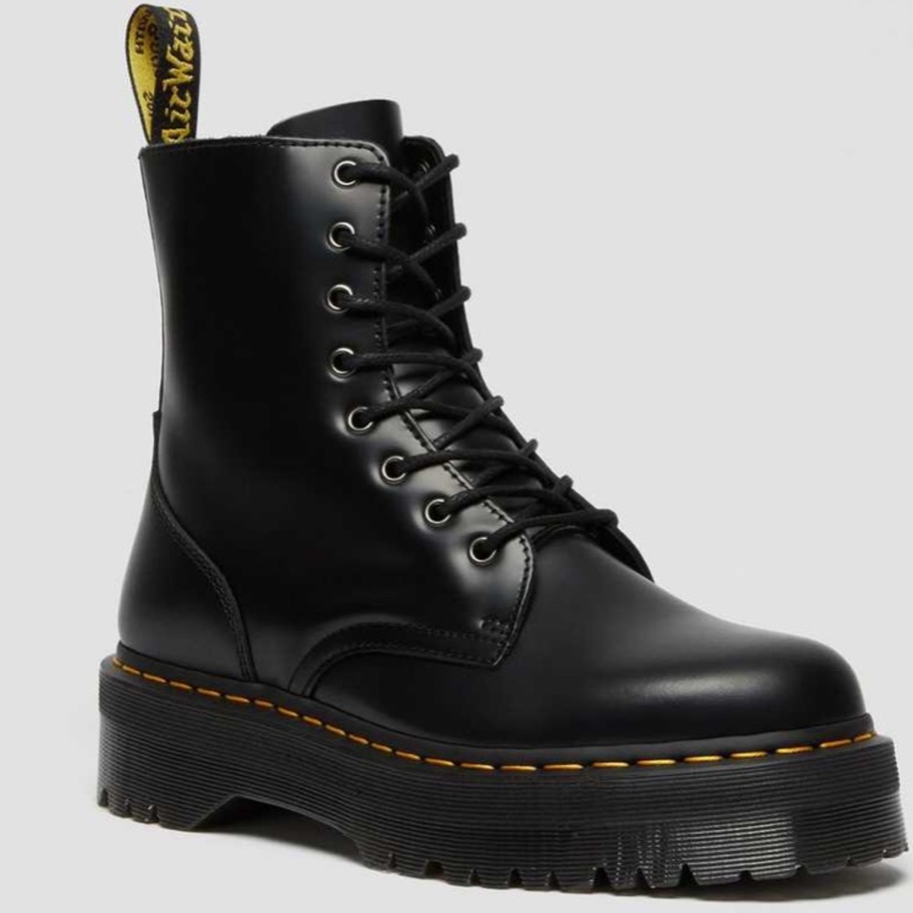 Dr. Martens Black Leather Combat Boots with Yellow Stitching